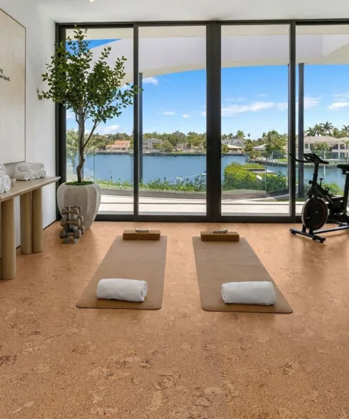 Salami - 1/4" (6mm) - Cork Wall Tile Glue Down (GSal6) Bright home fitness and yoga studio finished with comfortable Salami natural cork flooring.