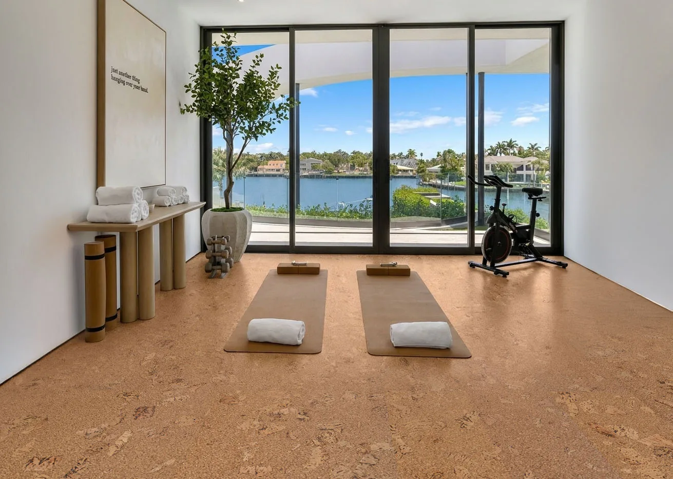 Salami - 1/4" (6mm) - Cork Wall Tile Glue Down (GSal6) Bright home fitness and yoga studio finished with comfortable Salami natural cork flooring.
