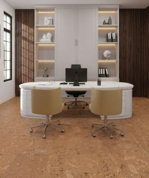 Salami - 1/4" (6mm) - Cork Wall Tile Glue Down (GSal6) Modern executive home office featuring durable Salami cork flooring and warm wood accent walls.