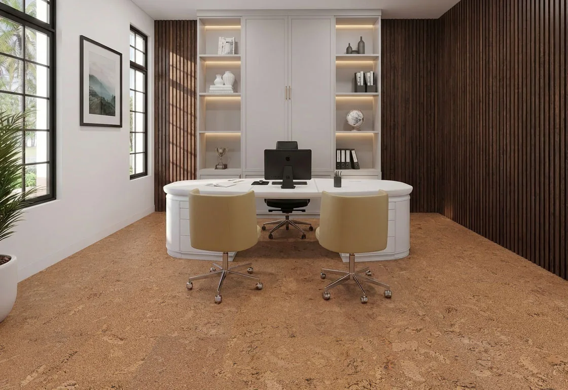 Salami - 1/4" (6mm) - Cork Wall Tile Glue Down (GSal6) Modern executive home office featuring durable Salami cork flooring and warm wood accent walls.