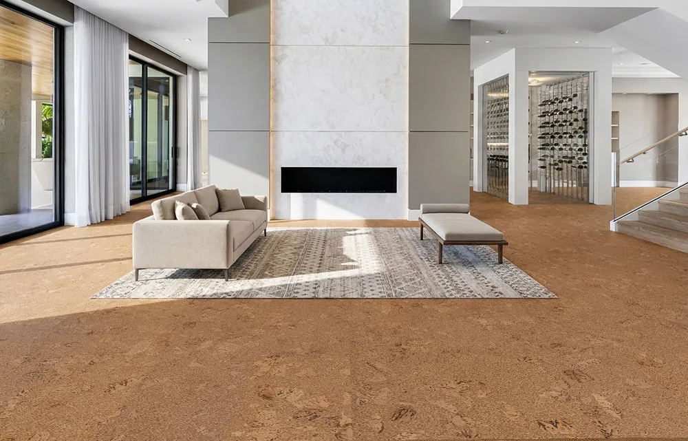 Salami - 1/4" (6mm) - Cork Wall Tile Glue Down (GSal6) Spacious open-concept home showcasing Salami natural cork flooring throughout the main living area.