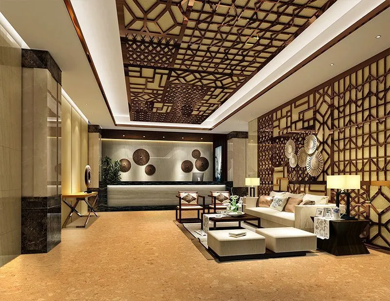 Basement insulation 6mm Cork Underlayment salami forna cork tiles in a modern luxury hotel entrance lobby