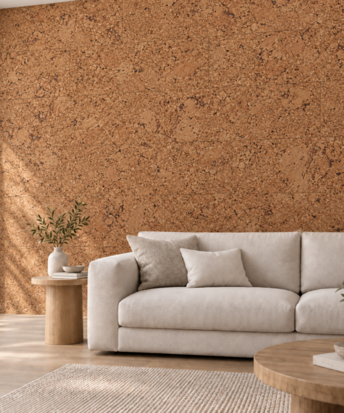 Salami glue-down cork tiles on a living room accent wall — visualization