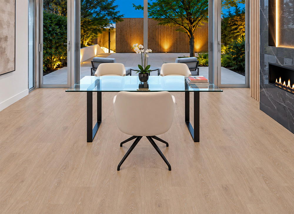 Sandstorm - 7/16" (11mm) - Swiss Design Cork Floating (FSan11) Eco-friendly Sandstorm wood-look cork floating flooring in a garden-view office with a glass desk and contemporary black stone fireplace.