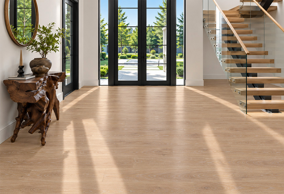 Sandstorm - 7/16" (11mm) - Swiss Design Cork Floating (FSan11) Warm sand-colored cork flooring with subtle hardwood grain in a bright entryway featuring glass doors, floating stairs, and a live-edge console.