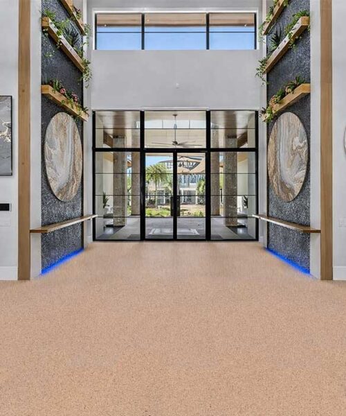 Seaside - 7/16" (11mm) - Swiss Real Cork Floating (FSea11) Bright modern entryway featuring Seaside cork flooring with seamless finish and contemporary architectural details.