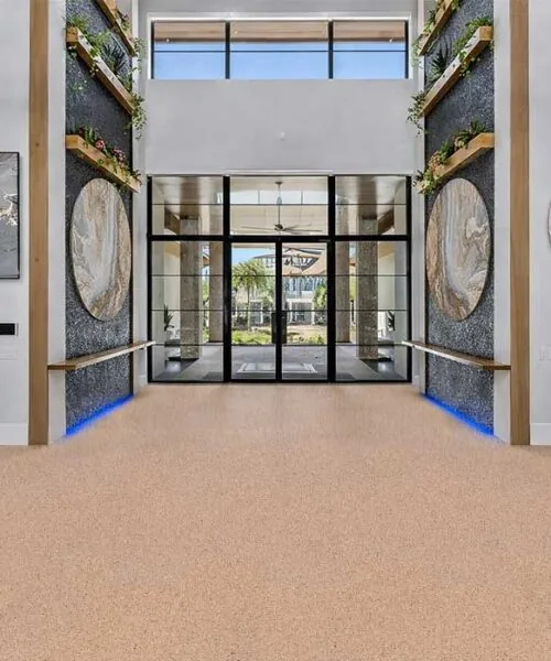 Seaside - 7/16" (11mm) - Swiss Real Cork Floating (FSea11) Bright modern entryway featuring Seaside cork flooring with seamless finish and contemporary architectural details.