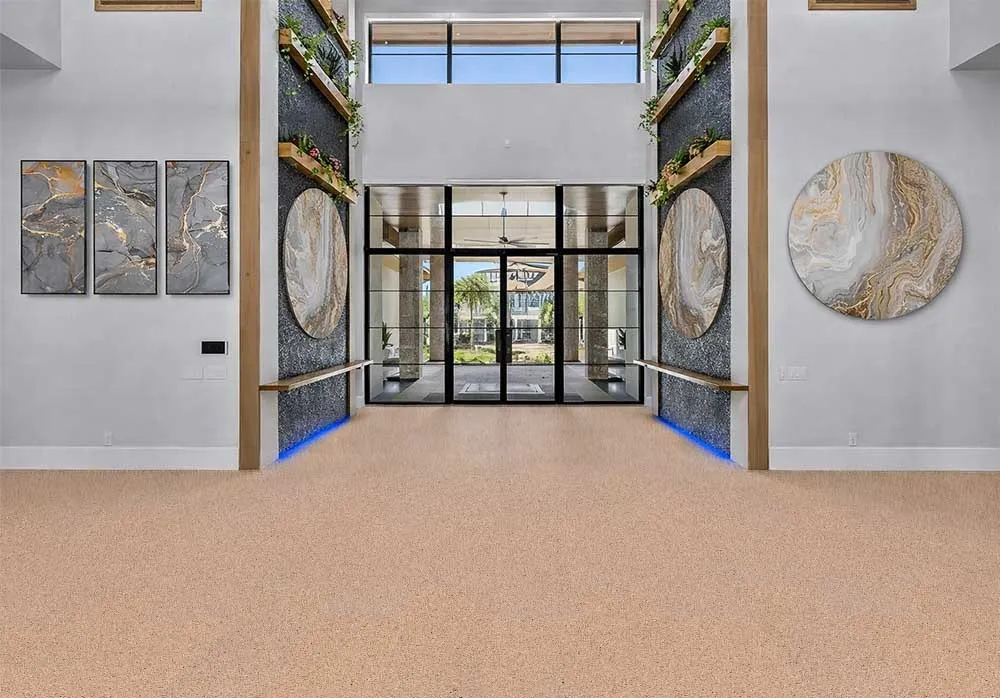 Seaside - 7/16" (11mm) - Swiss Real Cork Floating (FSea11) Bright modern entryway featuring Seaside cork flooring with seamless finish and contemporary architectural details.