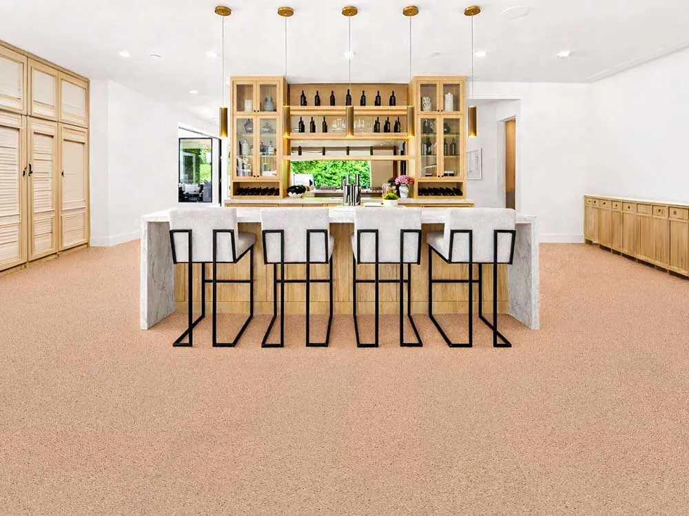 Seaside - 7/16" (11mm) - Swiss Real Cork Floating (FSea11) Modern open-concept bar and entertainment space featuring Seaside cork flooring with warm natural finish.