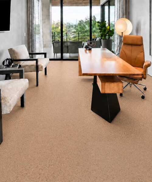 Quiet Seaside cork flooring adds a soft natural look beneath a contemporary office desk and seating.