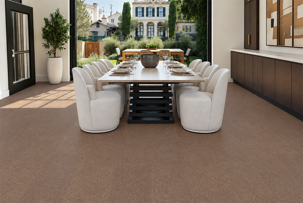Shoreline - 25/64" (10mm) - Cork Floating (FShol10) Shoreline 10mm natural mid-brown floating cork flooring with subtle speckling in a garden-facing dining room.