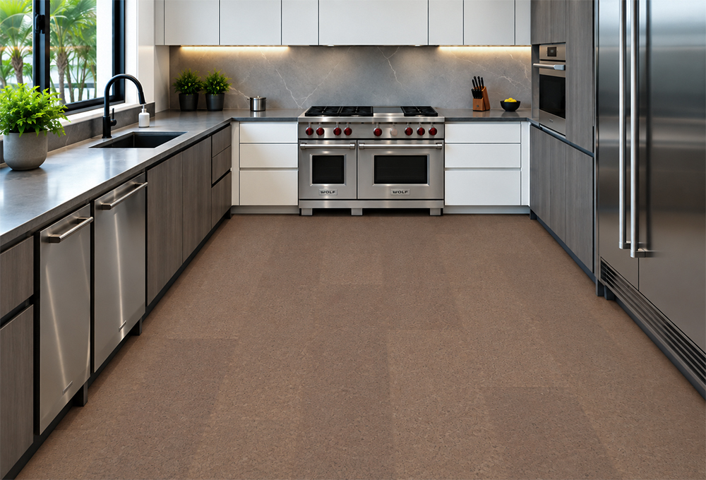 Shoreline - 25/64" (10mm) - Cork Floating (FShol10) Shoreline 10mm natural mid-brown cork floor planks with subtle speckling in a stainless-steel kitchen.