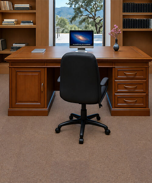 Shoreline - 25/64" (10mm) - Cork Floating (FShol10) Shoreline 10mm quiet cork flooring in natural mid-brown complements a wood-paneled office with bookshelves.