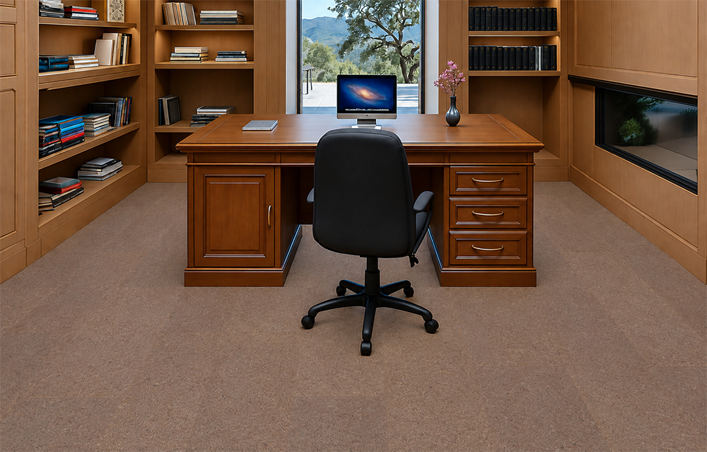 Shoreline - 25/64" (10mm) - Cork Floating (FShol10) Shoreline 10mm quiet cork flooring in natural mid-brown complements a wood-paneled office with bookshelves.