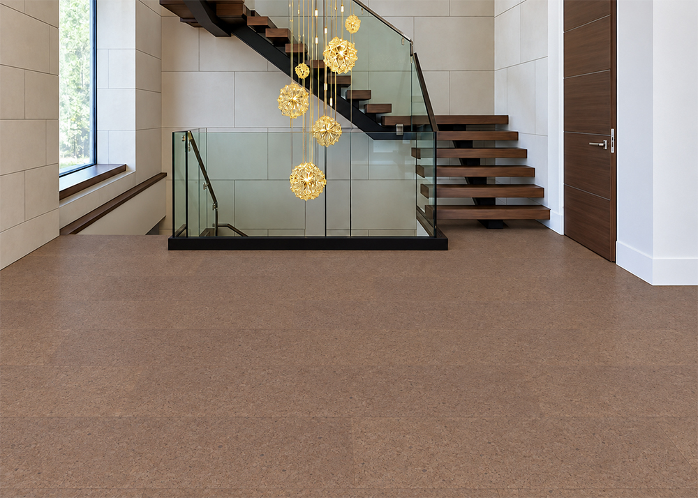 Shoreline - 25/64" (10mm) - Cork Floating (FShol10) Shoreline 10mm natural mid-brown cork floor planks with delicate speckling cover a glass-railed stair landing.
