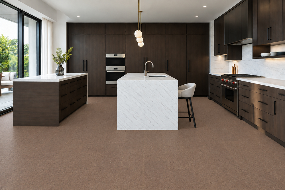 Shoreline - 25/64" (10mm) - Cork Floating (FShol10) Shoreline 10mm natural mid-brown floating cork flooring complements dark cabinetry and a white marble island.