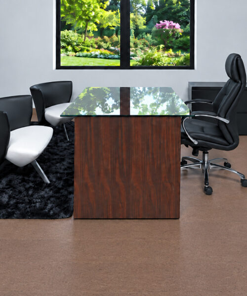 Shoreline - 25/64" (10mm) - Cork Floating (FShol10) Shoreline 10mm natural cork flooring with mid-brown speckling surrounds a glass desk in a modern office.