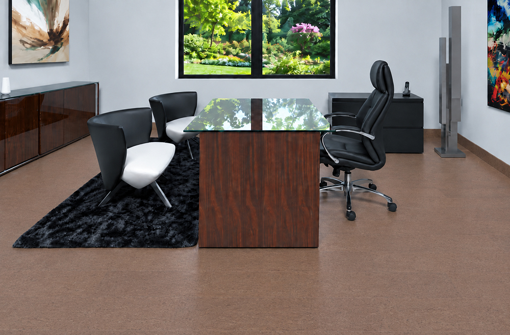 Shoreline - 25/64" (10mm) - Cork Floating (FShol10) Shoreline 10mm natural cork flooring with mid-brown speckling surrounds a glass desk in a modern office.