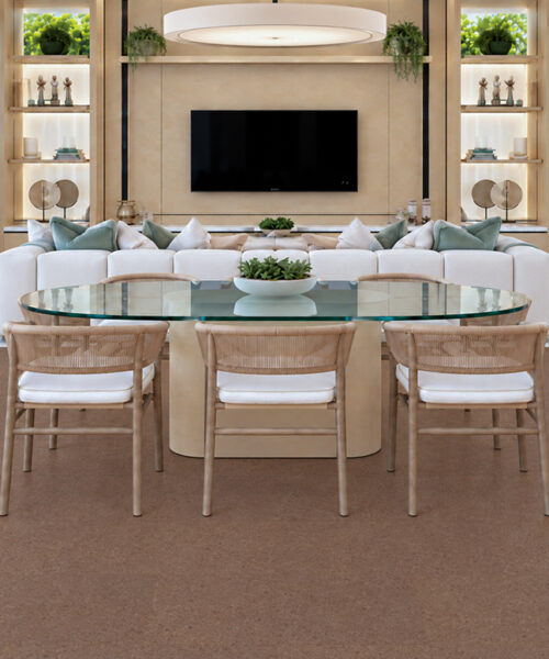 Shoreline - 25/64" (10mm) - Cork Floating (FShol10) Shoreline 10mm comfortable cork flooring in natural mid-brown spans an open dining and living room.