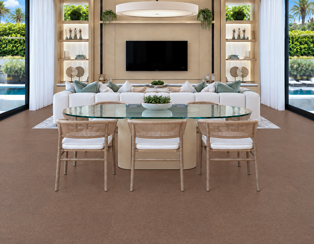 Shoreline - 25/64" (10mm) - Cork Floating (FShol10) Shoreline 10mm comfortable cork flooring in natural mid-brown spans an open dining and living room.