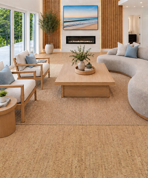 Silver Birch - 5/16" (8mm) - Cork Glue Down Tile (GSB8) Silver Birch 12mm golden ribbon cork flooring surrounds a curved sofa in a fireplace living room.