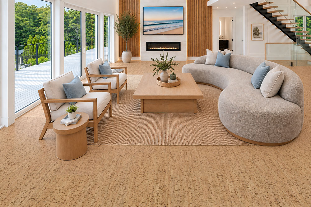 Silver Birch - 5/16" (8mm) - Cork Glue Down Tile (GSB8) Silver Birch 12mm golden ribbon cork flooring surrounds a curved sofa in a fireplace living room.