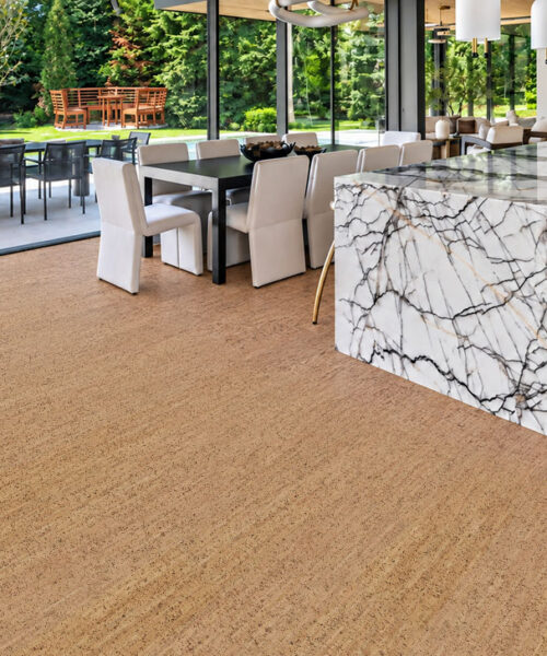 Silver Birch - 5/16" (8mm) - Cork Glue Down Tile (GSB8) Silver Birch natural cork flooring with narrow gold striping complements a marble-island kitchen and garden dining area.