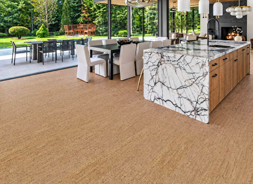 Silver Birch - 5/16" (8mm) - Cork Glue Down Tile (GSB8) Silver Birch natural cork flooring with narrow gold striping complements a marble-island kitchen and garden dining area.
