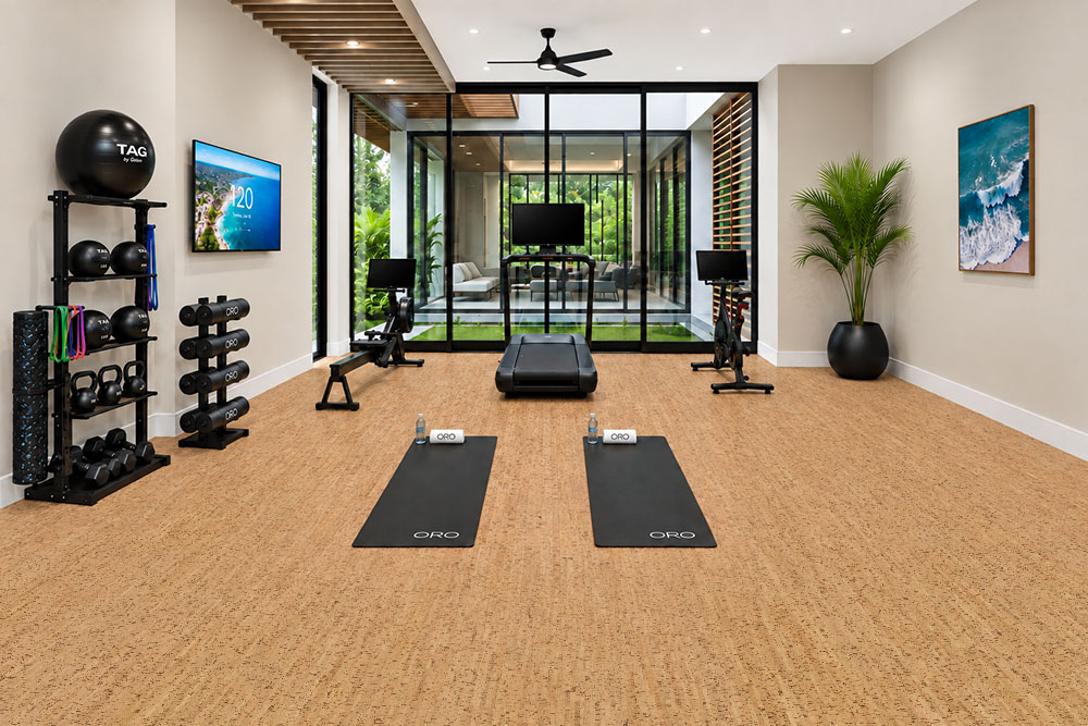 Silver Birch - 5/16" (8mm) - Cork Glue Down Tile (GSB8) Silver Birch golden ribbon cork floor planks cover a modern home gym with weights and yoga mats.