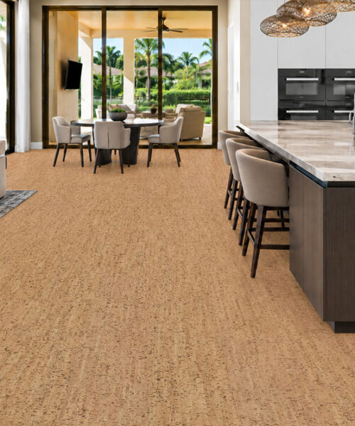 Silver Birch - 5/16" (8mm) - Cork Glue Down Tile (GSB8) Silver Birch natural cork flooring connects an open kitchen, dining space, and pool-view living room.