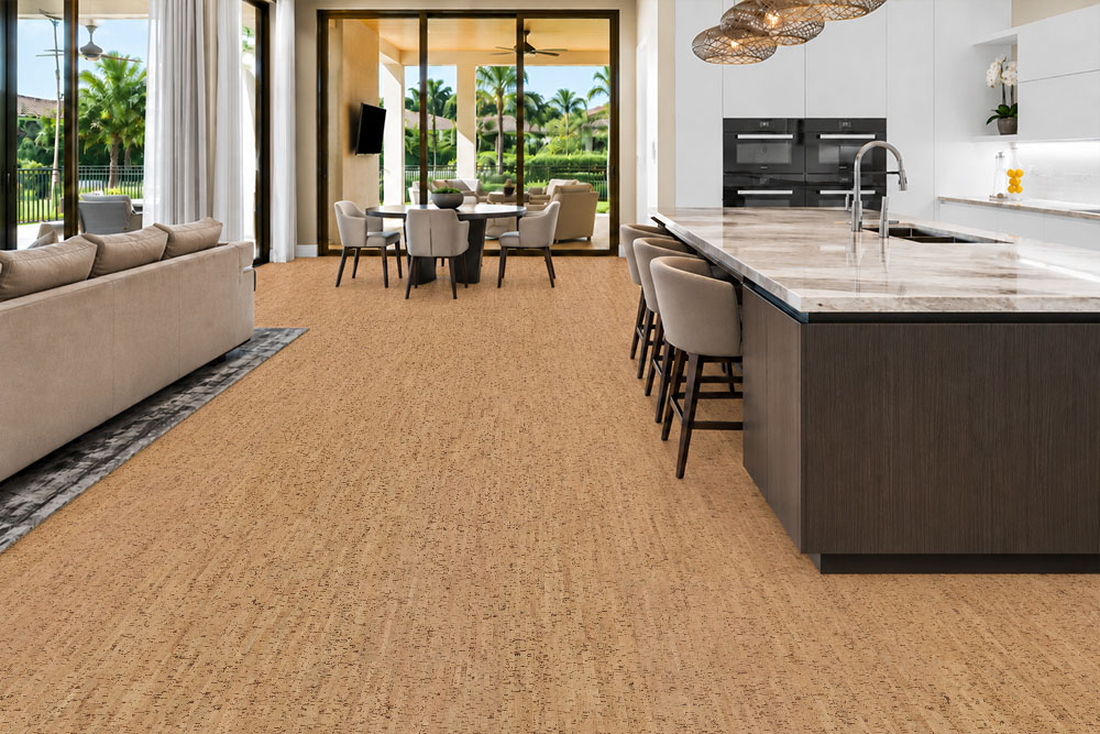 Silver Birch - 5/16" (8mm) - Cork Glue Down Tile (GSB8) Silver Birch natural cork flooring connects an open kitchen, dining space, and pool-view living room.