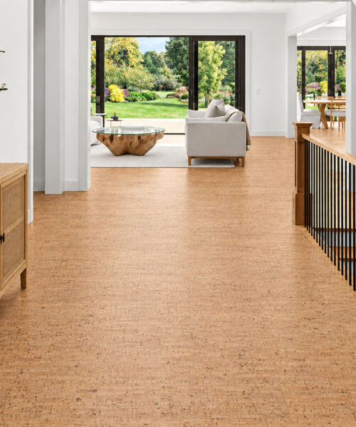 Silver Birch - 5/16" (8mm) - Cork Glue Down Tile (GSB8) Silver Birch 12mm floating cork flooring with gold ribbon texture covers a garden-facing stair landing.