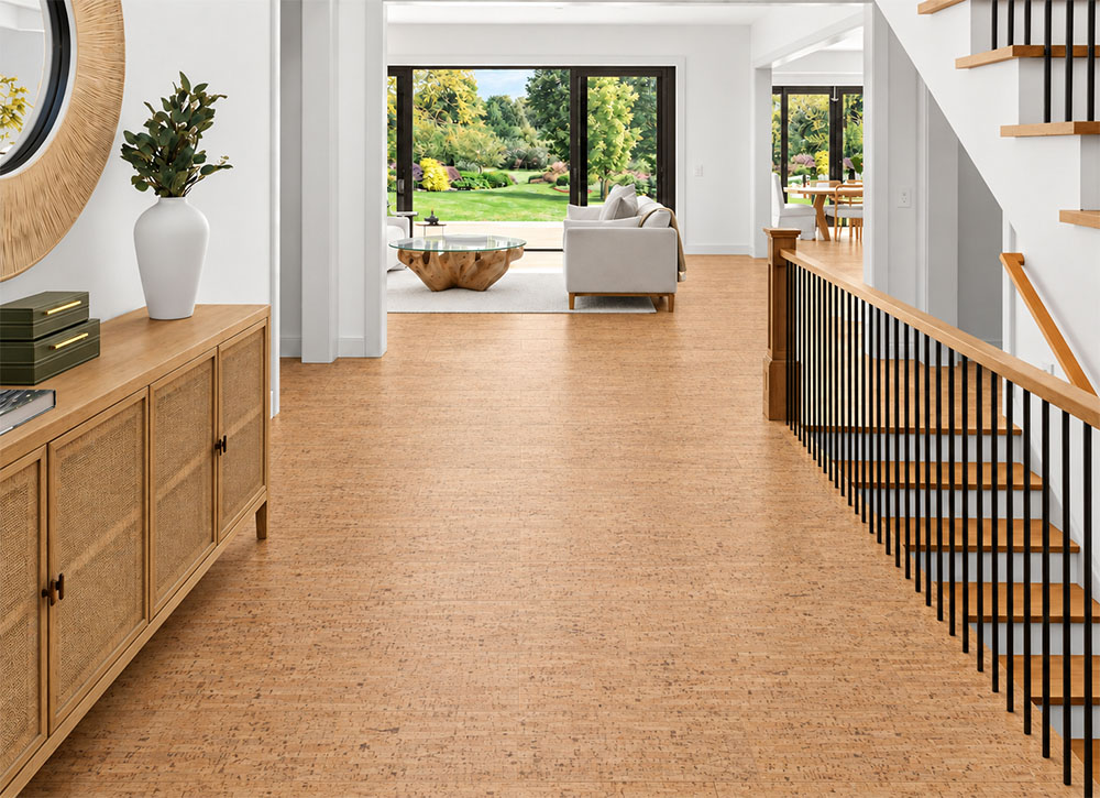 Silver Birch - 5/16" (8mm) - Cork Glue Down Tile (GSB8) Silver Birch 12mm floating cork flooring with gold ribbon texture covers a garden-facing stair landing.