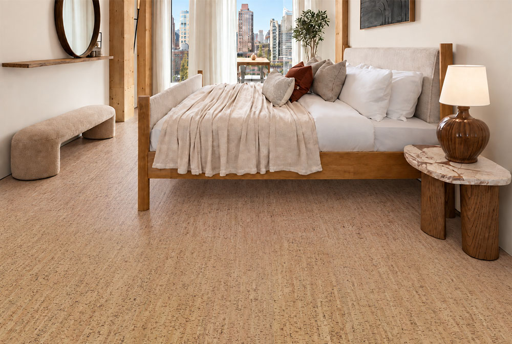 Silver Birch - 5/16" (8mm) - Cork Glue Down Tile (GSB8) Silver Birch cork flooring in natural gold tones complements a city-view bedroom with a wood bed.