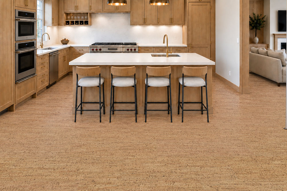 Silver Birch - 5/16" (8mm) - Cork Glue Down Tile (GSB8) Silver Birch golden ribbon cork floor planks surround a wood kitchen island with four counter stools.