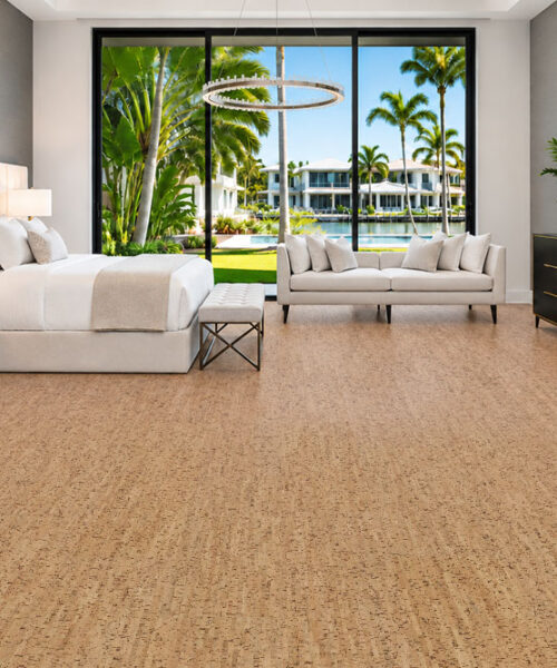 Silver Birch - 5/16" (8mm) - Cork Glue Down Tile (GSB8) Silver Birch 12mm natural cork flooring brightens a pool-view bedroom with cream upholstered furniture.