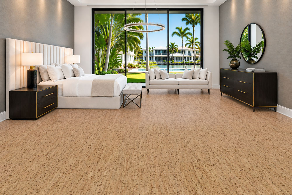 Silver Birch - 5/16" (8mm) - Cork Glue Down Tile (GSB8) Silver Birch 12mm natural cork flooring brightens a pool-view bedroom with cream upholstered furniture.