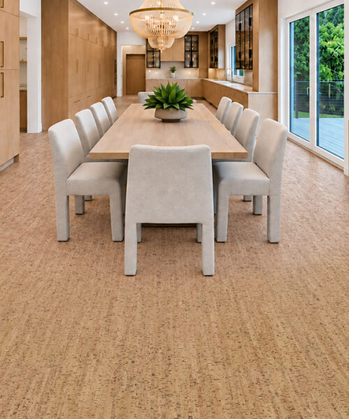 Silver Birch - 5/16" (8mm) - Cork Glue Down Tile (GSB8) Silver Birch floating cork flooring with narrow gold striping spans a dining room with wine storage.