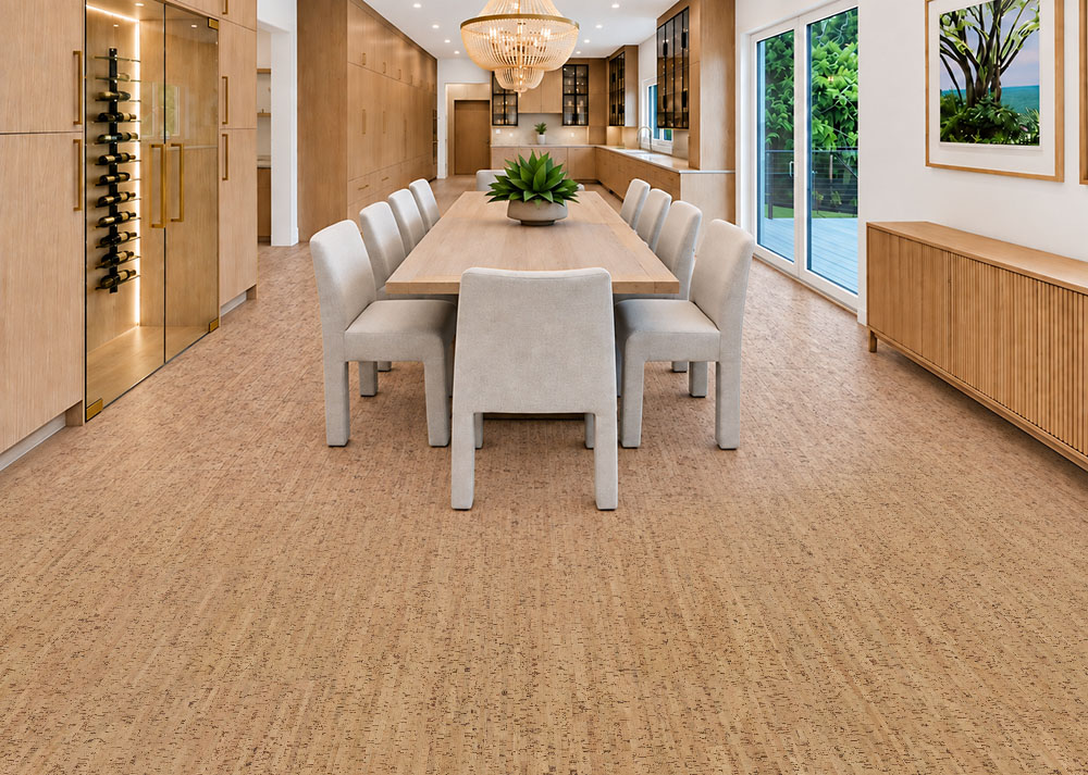 Silver Birch - 5/16" (8mm) - Cork Glue Down Tile (GSB8) Silver Birch floating cork flooring with narrow gold striping spans a dining room with wine storage.
