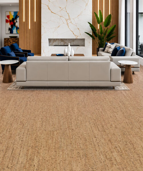 Silver Birch - 5/16" (8mm) - Cork Glue Down Tile (GSB8) Silver Birch natural cork flooring frames a pool-view living room with white seating and marble fireplace.