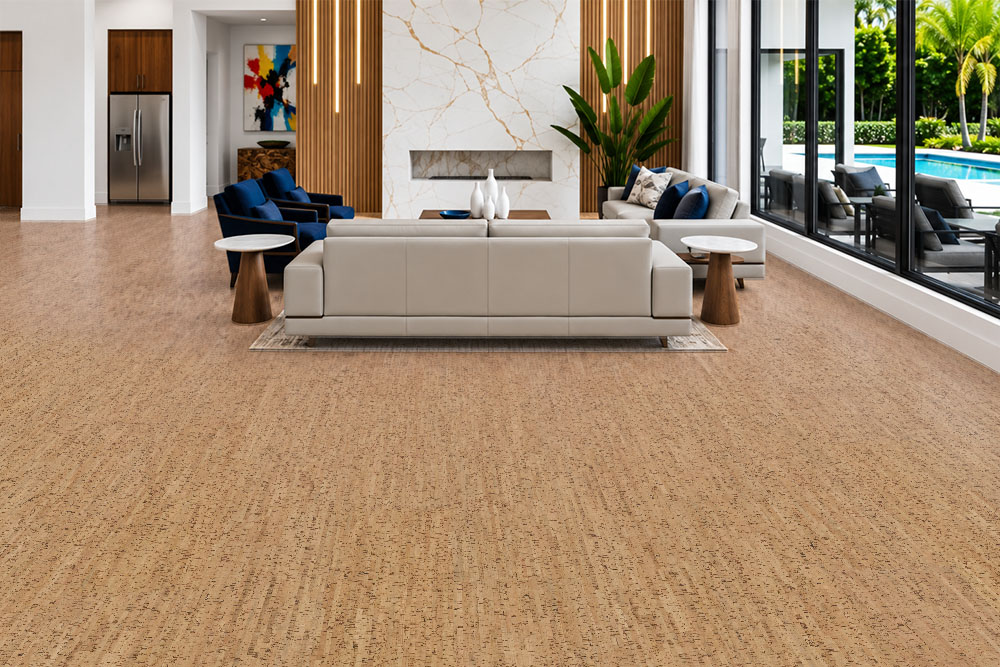 Silver Birch - 5/16" (8mm) - Cork Glue Down Tile (GSB8) Silver Birch natural cork flooring frames a pool-view living room with white seating and marble fireplace.
