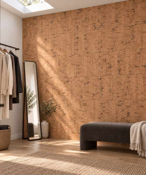 Silver Birch - 1/4" (6mm) - Cork Glue Down Tile (GSB6) Silver Birch glue-down cork tiles in a dressing room — wall application visualization