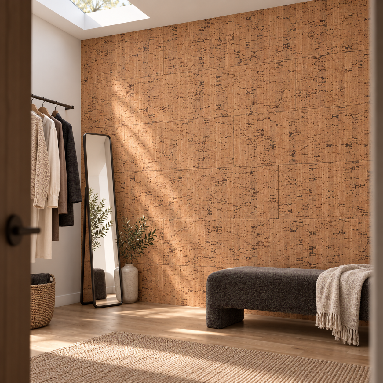 Silver Birch - 1/4" (6mm) - Cork Glue Down Tile (GSB6) Silver Birch glue-down cork tiles in a dressing room — wall application visualization