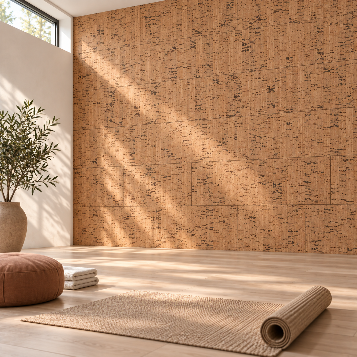 Silver Birch - 5/16" (8mm) - Cork Glue Down Tile (GSB8) Silver Birch glue-down cork tiles in a meditation room — wall application visualization