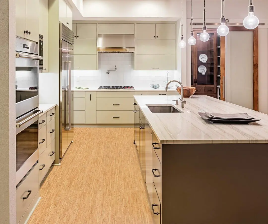 silver birch cork floor kitchen modern island cabinets
