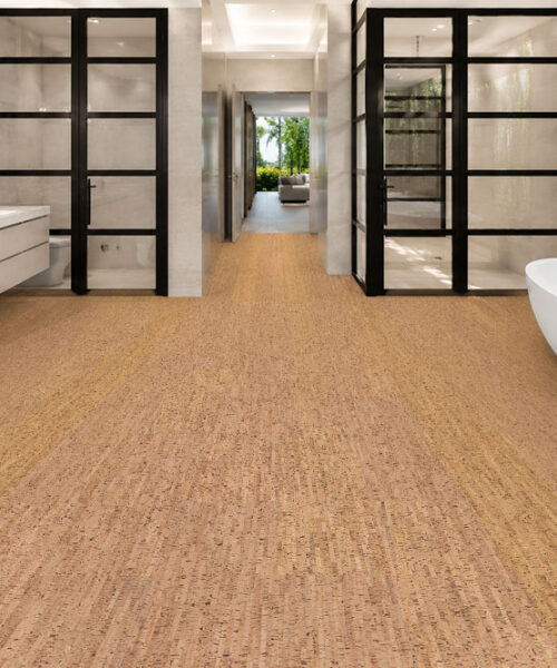 Silver birch cork flooring freestanding bathtub room.