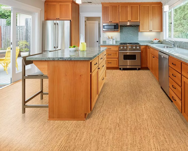 silver birch forna cork floor custom designed wooden kitchen with gorgeous granite counter