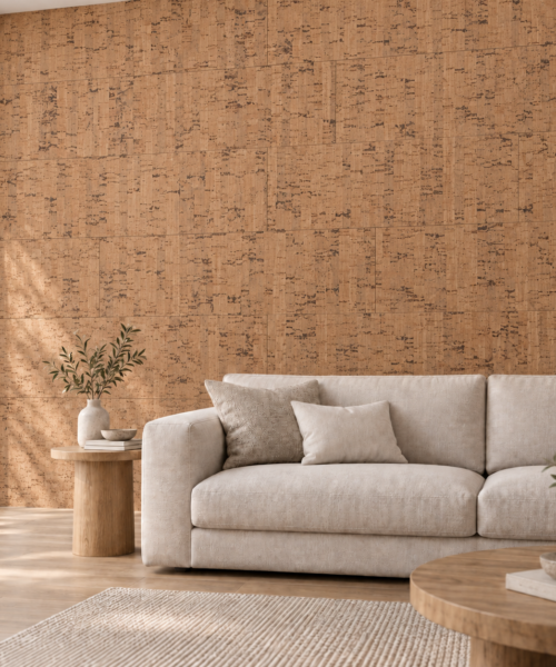 Silver Birch glue-down cork tiles on a living room accent wall — visualization