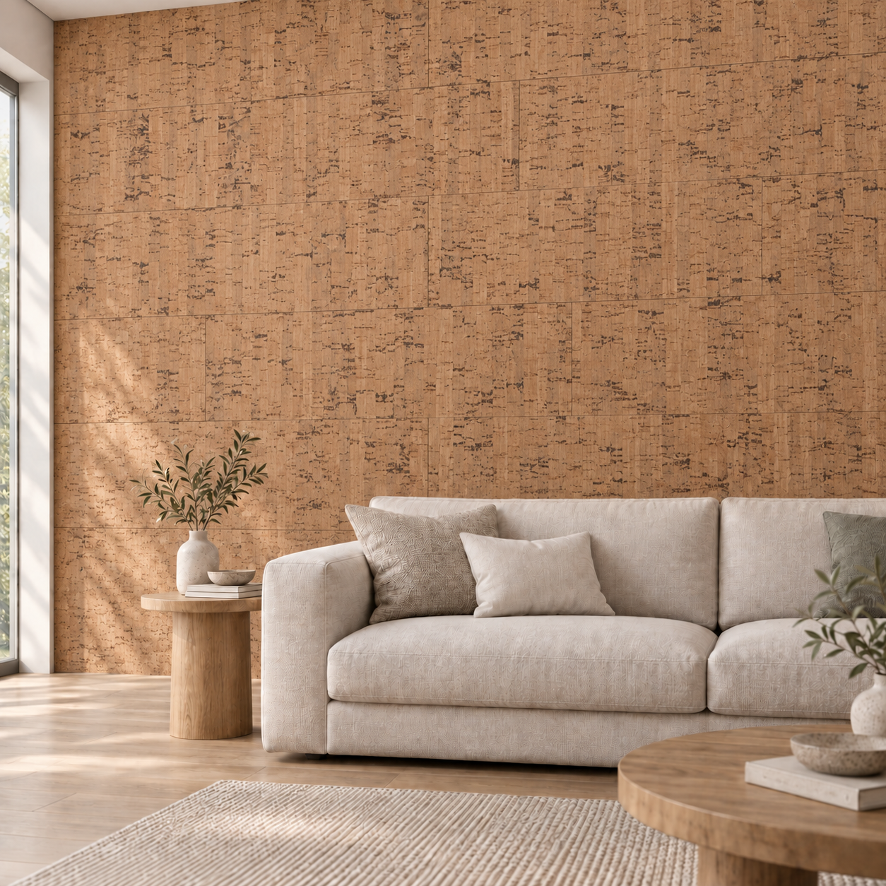 Silver Birch - 1/4" (6mm) - Cork Glue Down Tile (GSB6) Silver Birch glue-down cork tiles on a living room accent wall — visualization
