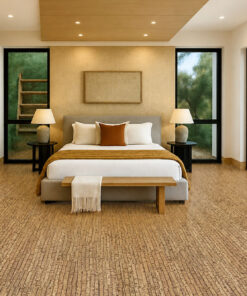 Sisal cork flooring in a cozy bedroom with light wood cabinetry, warm neutral bedding, and large windows bringing in natural light